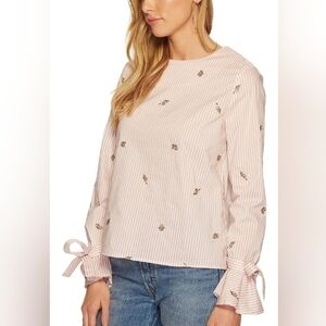J.O.A. Pink / White Striped Embroidered Long Sleeve Buttoned Back Top size small